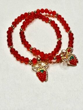 NEW 2 Red Strawberry Crystal Charm Rhinestone Stretch Bracelet Set